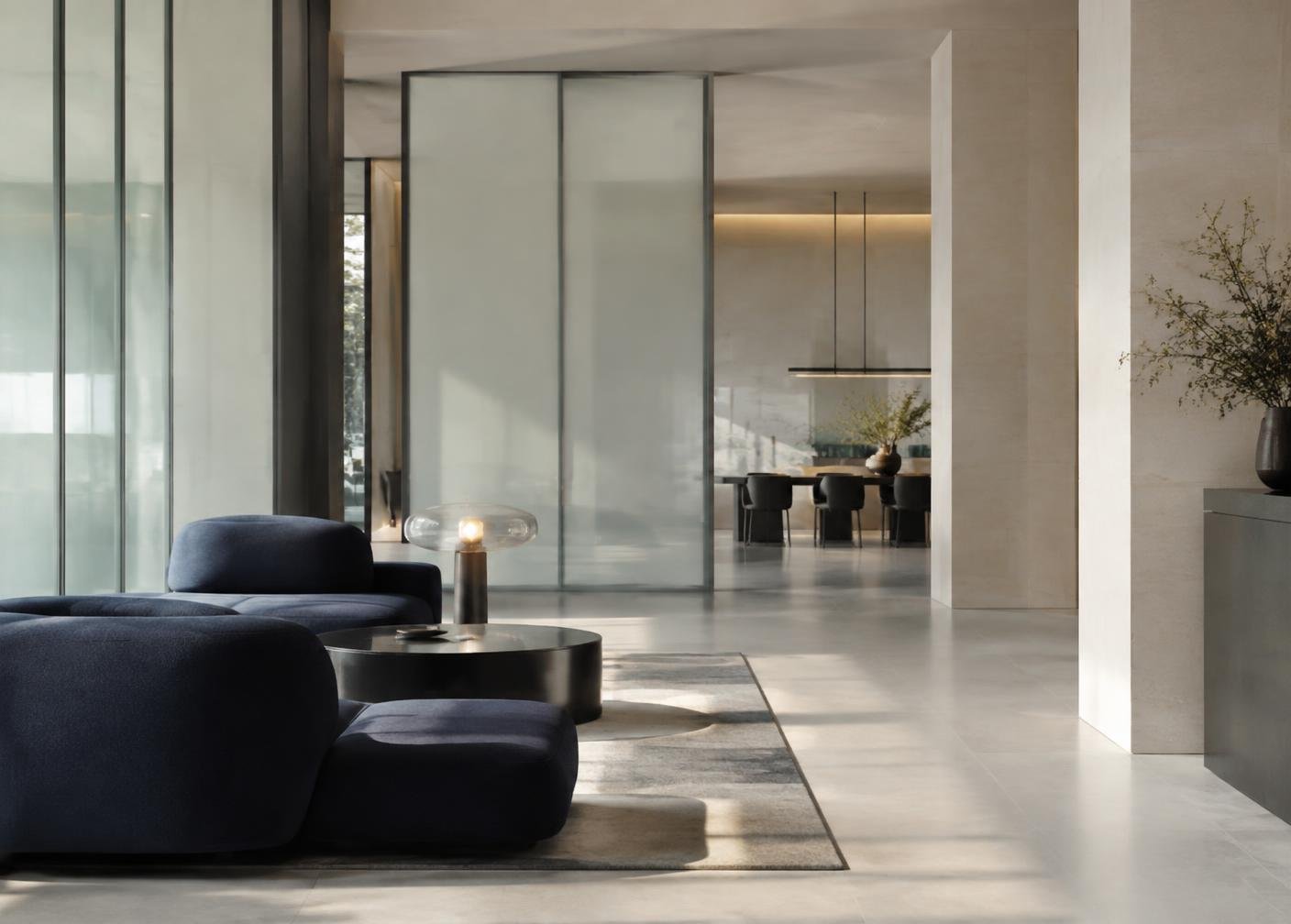 Minimal interior lounge divided by switchable smart glass screens