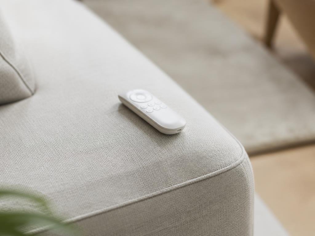 Handheld remote for switching smart glass resting on a sofa